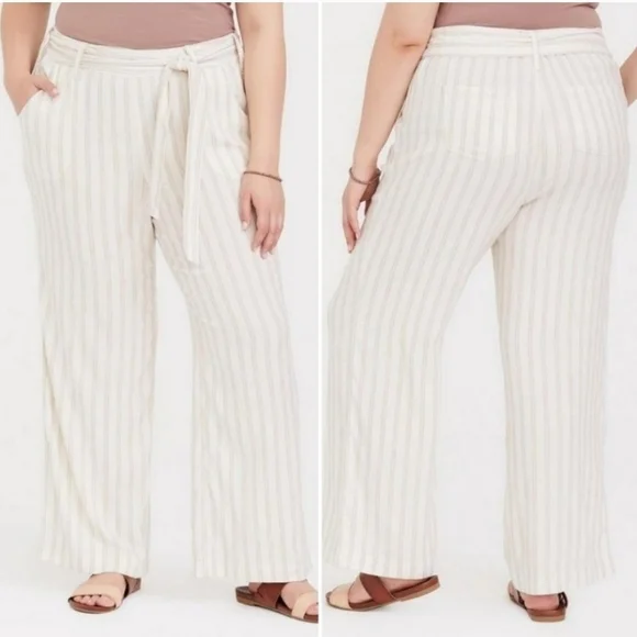 TORRID Striped Linen Wide Leg Pants SIZE 22 Boho Belted - Picture 2 of 5
